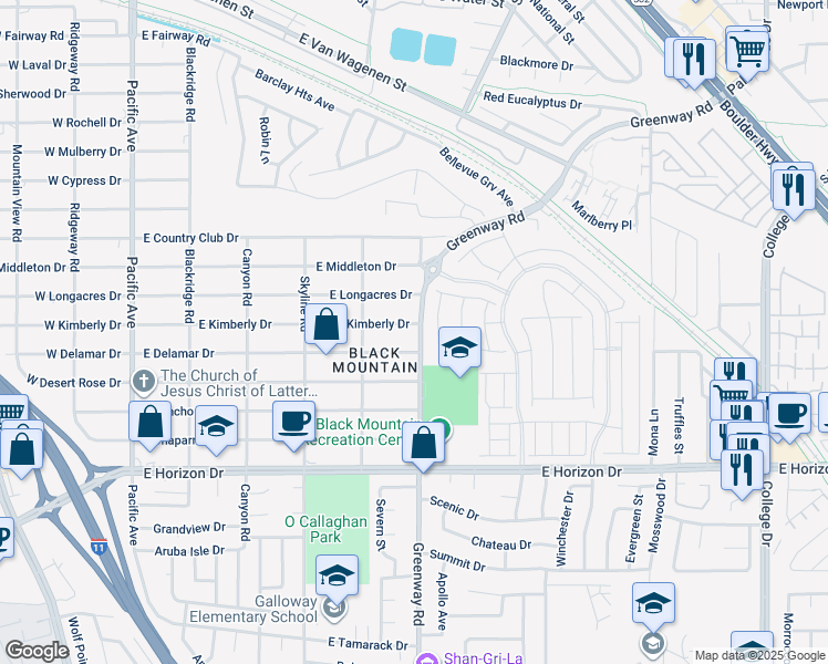 map of restaurants, bars, coffee shops, grocery stores, and more near 391 East Kimberly Drive in Henderson