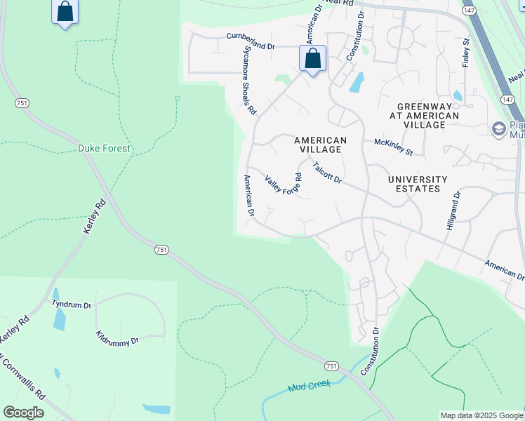 map of restaurants, bars, coffee shops, grocery stores, and more near 4402 American Drive in Durham