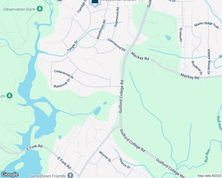 map of restaurants, bars, coffee shops, grocery stores, and more near 105 Cedarwood Drive in Jamestown
