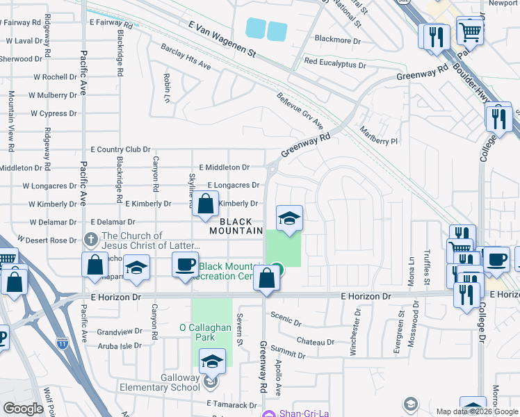 map of restaurants, bars, coffee shops, grocery stores, and more near 390 East Delamar Drive in Henderson