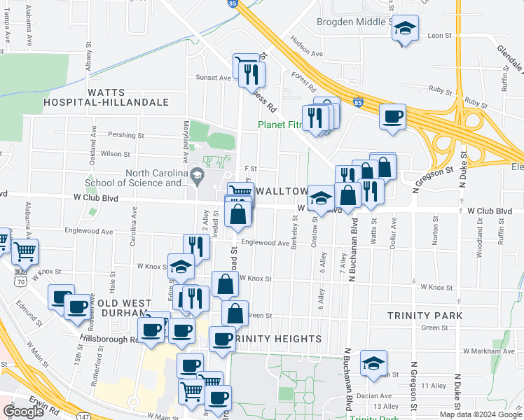 map of restaurants, bars, coffee shops, grocery stores, and more near 1117 Clarendon Street in Durham