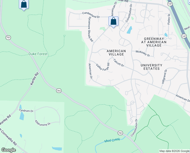 map of restaurants, bars, coffee shops, grocery stores, and more near 4402 American Drive in Durham