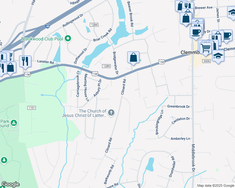 map of restaurants, bars, coffee shops, grocery stores, and more near 4394 Clinard Road in Clemmons