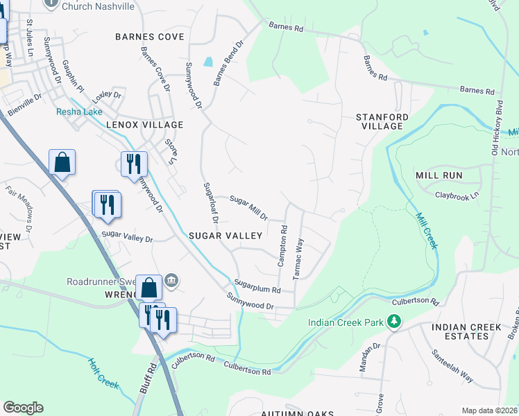 map of restaurants, bars, coffee shops, grocery stores, and more near 621 Sugar Mill Drive in Nashville