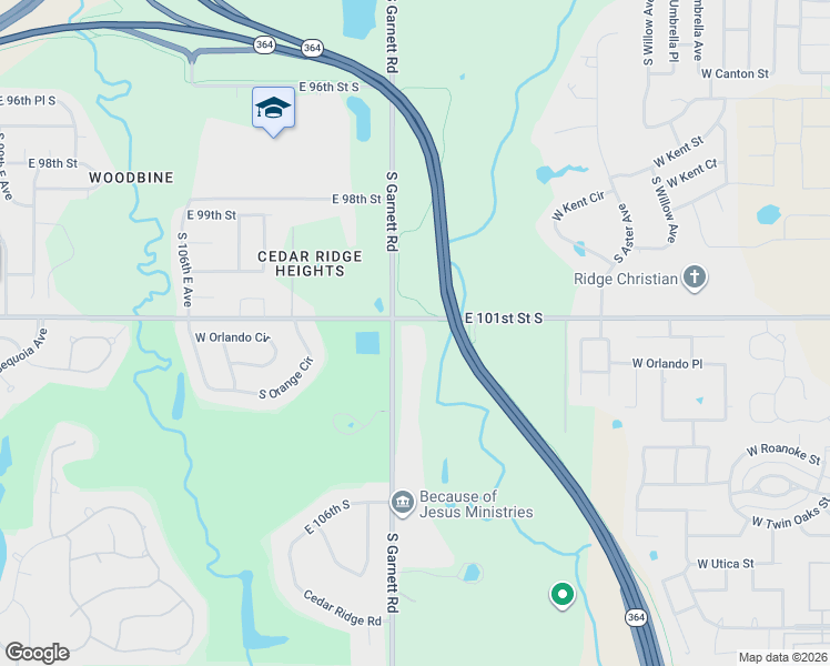 map of restaurants, bars, coffee shops, grocery stores, and more near 10107 South Garnett Road in Broken Arrow