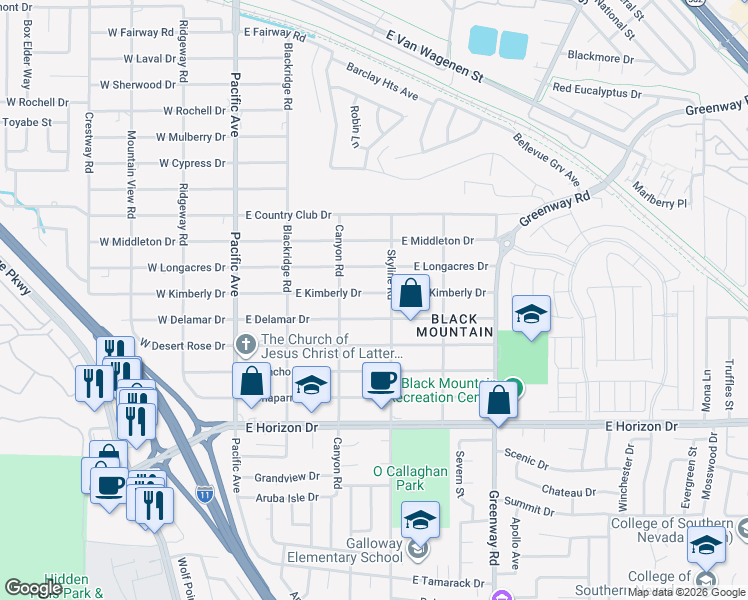 map of restaurants, bars, coffee shops, grocery stores, and more near 281 East Kimberly Drive in Henderson
