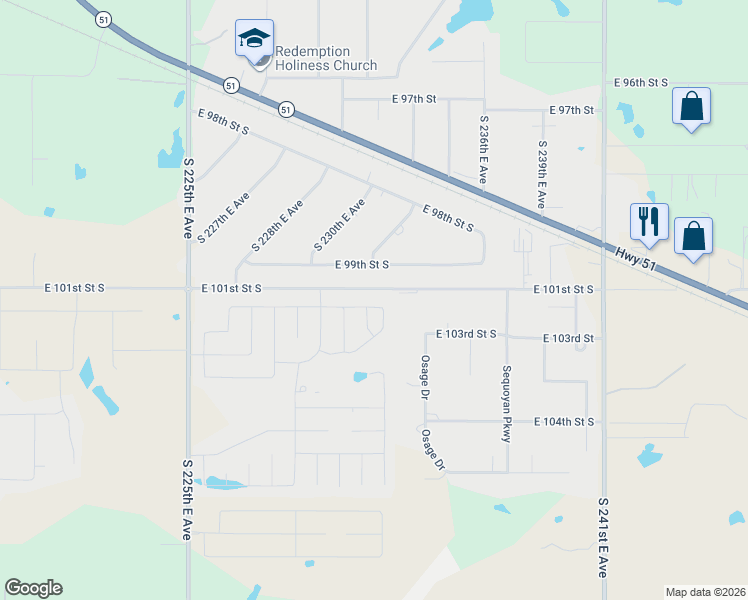 map of restaurants, bars, coffee shops, grocery stores, and more near 23300 East 101st Street in Broken Arrow
