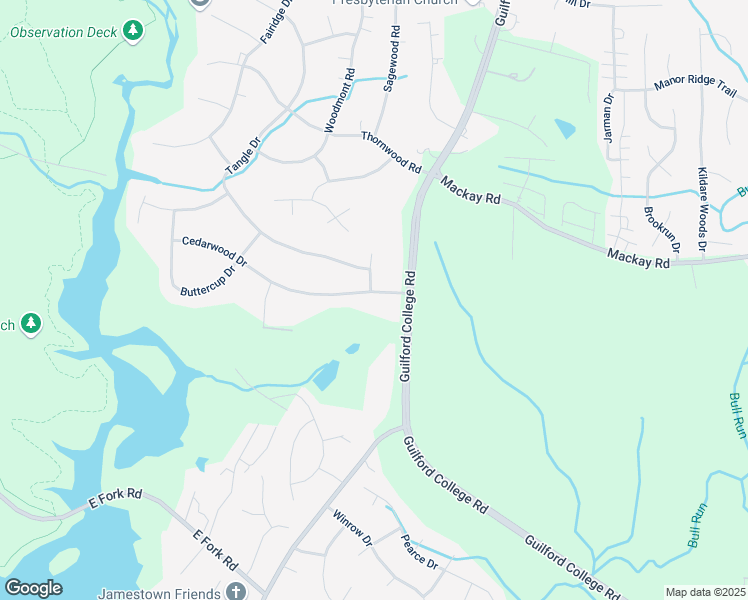 map of restaurants, bars, coffee shops, grocery stores, and more near 105 Cedarwood Drive in Jamestown
