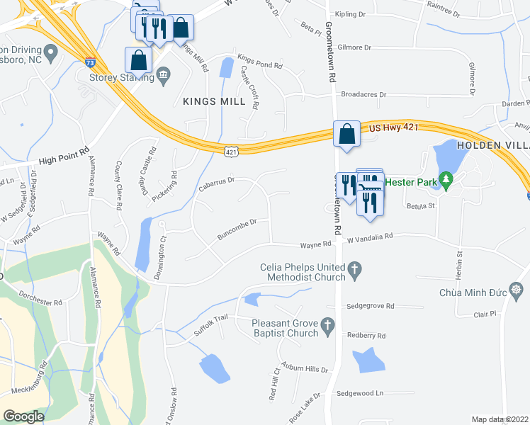 map of restaurants, bars, coffee shops, grocery stores, and more near 3800 Buncombe Drive in Greensboro