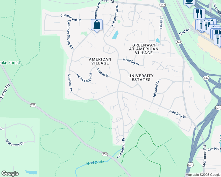map of restaurants, bars, coffee shops, grocery stores, and more near 6 Barrington Place in Durham