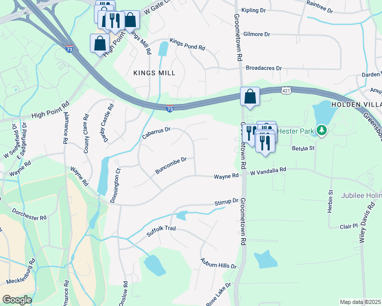 map of restaurants, bars, coffee shops, grocery stores, and more near 3800 Buncombe Drive in Greensboro