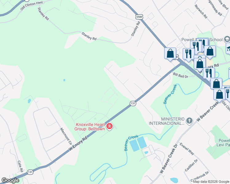 map of restaurants, bars, coffee shops, grocery stores, and more near 7705 Rio Grande Drive in Powell