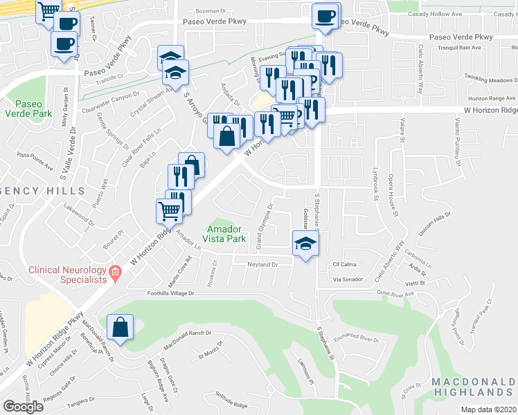 map of restaurants, bars, coffee shops, grocery stores, and more near 1515 Camino Summit Avenue in Henderson