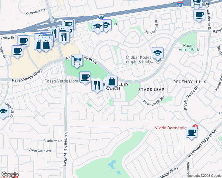 map of restaurants, bars, coffee shops, grocery stores, and more near 283 Manzanita Ranch Lane in Henderson