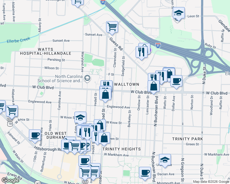 map of restaurants, bars, coffee shops, grocery stores, and more near 1117 Clarendon Street in Durham