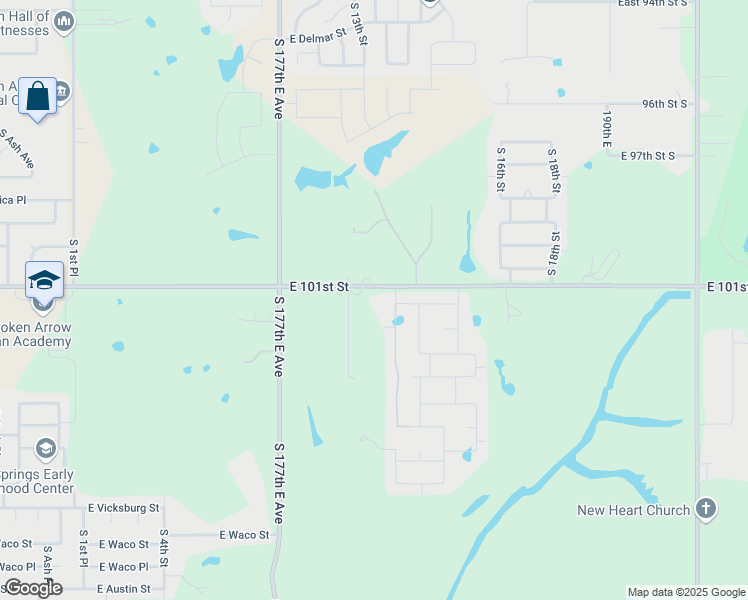 map of restaurants, bars, coffee shops, grocery stores, and more near 18010 East 101st Street in Broken Arrow
