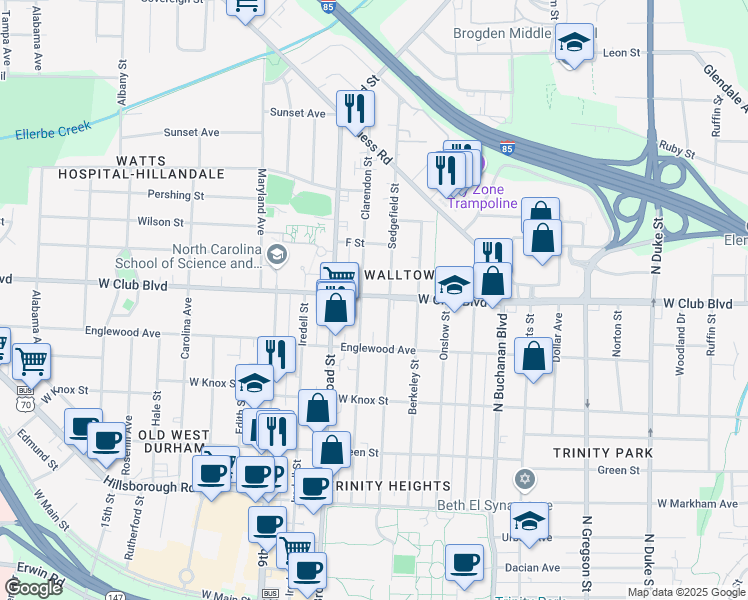 map of restaurants, bars, coffee shops, grocery stores, and more near 1609 West Club Boulevard in Durham