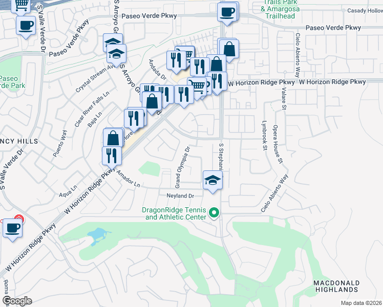 map of restaurants, bars, coffee shops, grocery stores, and more near 1408 Colfax Creek Street in Henderson