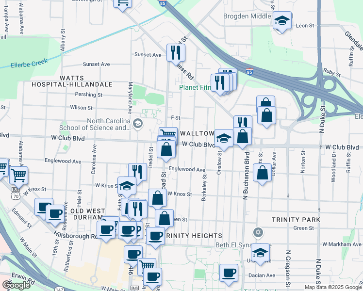 map of restaurants, bars, coffee shops, grocery stores, and more near 1124 Clarendon Street in Durham