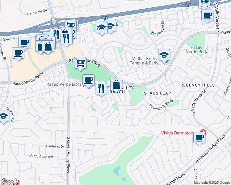 map of restaurants, bars, coffee shops, grocery stores, and more near 283 Manzanita Ranch Lane in Henderson