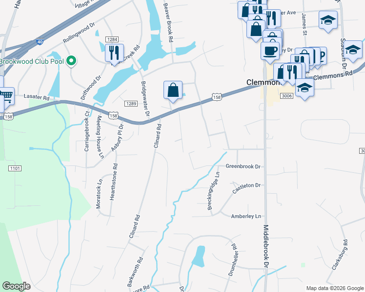 map of restaurants, bars, coffee shops, grocery stores, and more near 2856 David Street in Clemmons