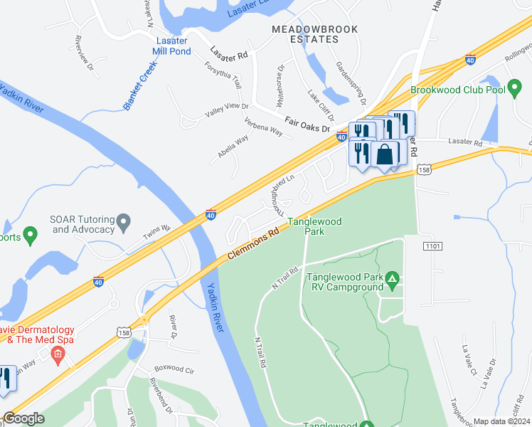 map of restaurants, bars, coffee shops, grocery stores, and more near 7224 Riverview Knoll Court in Clemmons