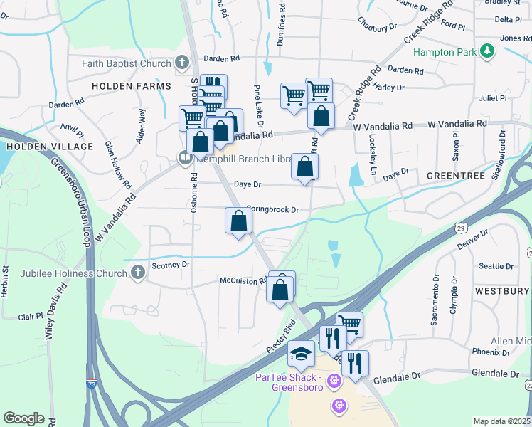 map of restaurants, bars, coffee shops, grocery stores, and more near 3919 Springbrook Drive in Greensboro