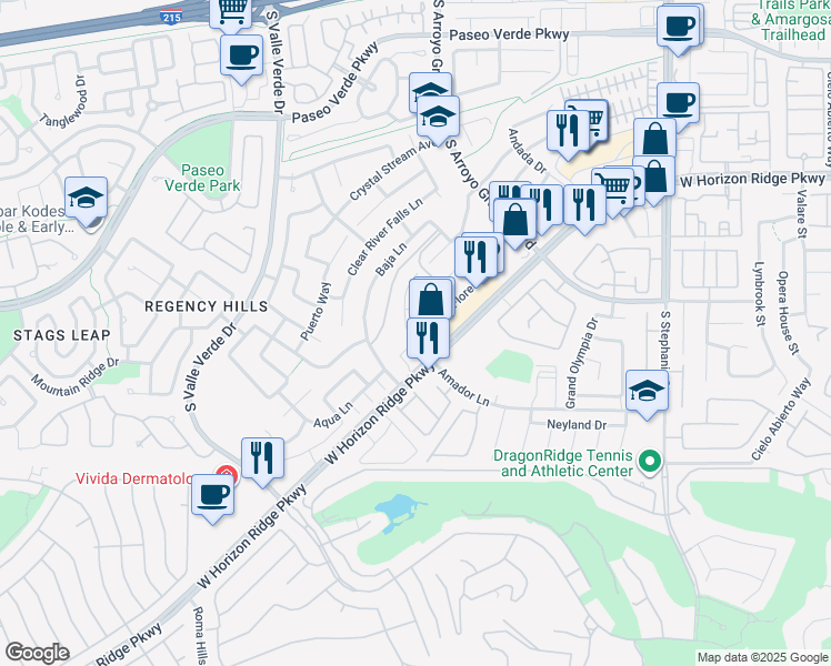 map of restaurants, bars, coffee shops, grocery stores, and more near 1641 Amador Lane in Henderson