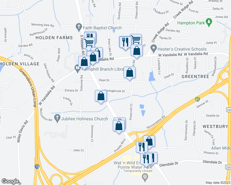 map of restaurants, bars, coffee shops, grocery stores, and more near 3915 Springbrook Drive in Greensboro