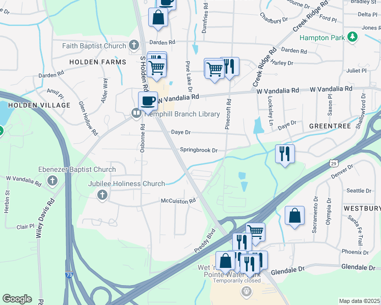 map of restaurants, bars, coffee shops, grocery stores, and more near 3923 Springbrook Drive in Greensboro