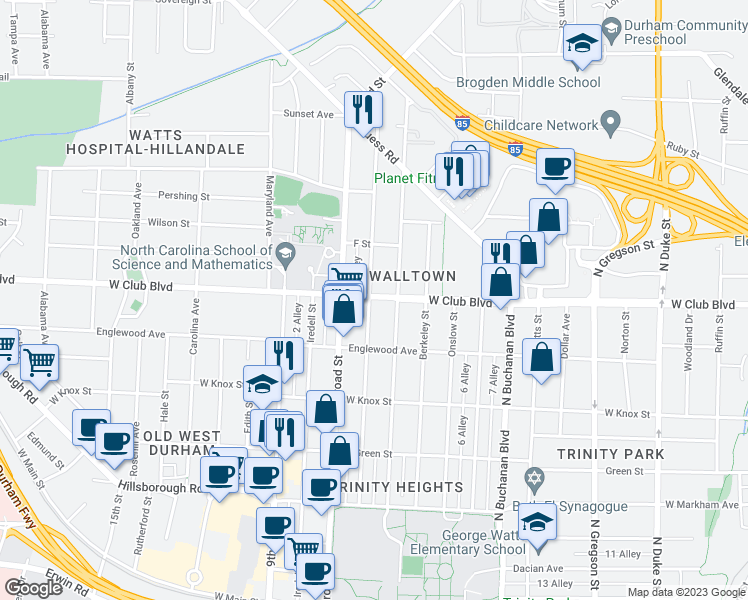 map of restaurants, bars, coffee shops, grocery stores, and more near 1126 Clarendon Street in Durham