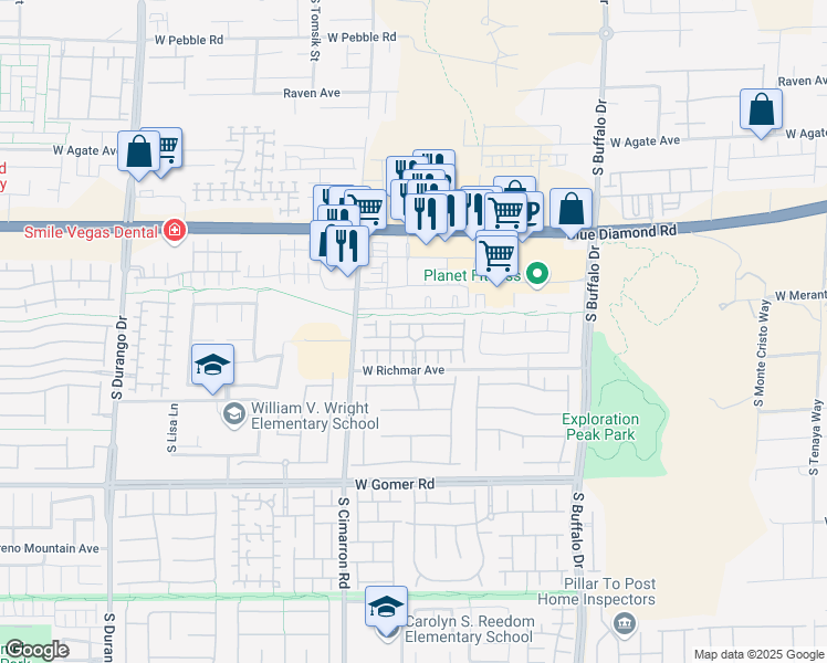 map of restaurants, bars, coffee shops, grocery stores, and more near 9424 Big Timber Ridge Road in Las Vegas