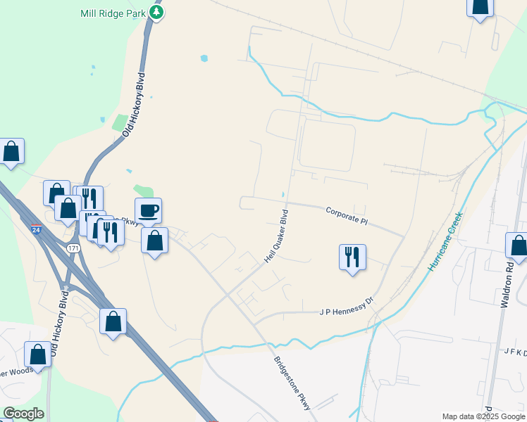 map of restaurants, bars, coffee shops, grocery stores, and more near 1500 Corporate Place in La Vergne