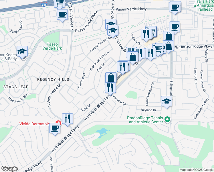 map of restaurants, bars, coffee shops, grocery stores, and more near 1740 Flores Lane in Henderson