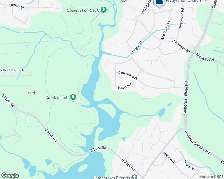 map of restaurants, bars, coffee shops, grocery stores, and more near 217 Buttercup Drive in Jamestown