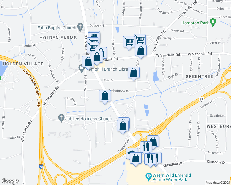 map of restaurants, bars, coffee shops, grocery stores, and more near 3921 Springbrook Drive in Greensboro