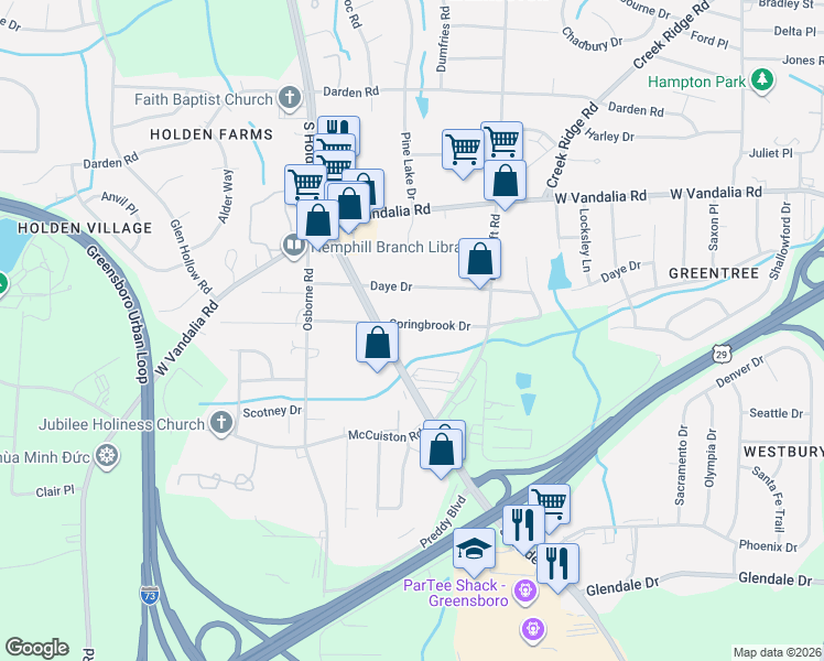 map of restaurants, bars, coffee shops, grocery stores, and more near 3923 Springbrook Drive in Greensboro