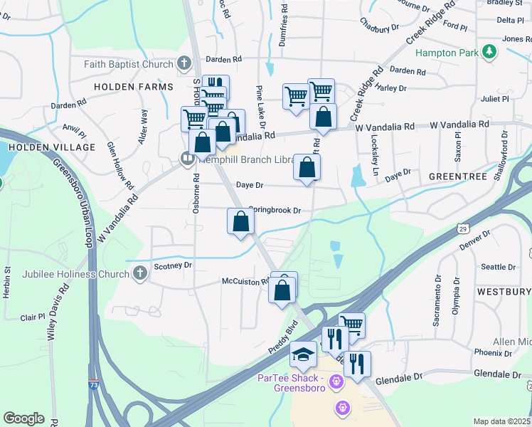 map of restaurants, bars, coffee shops, grocery stores, and more near 3507 South Holden Road in Greensboro