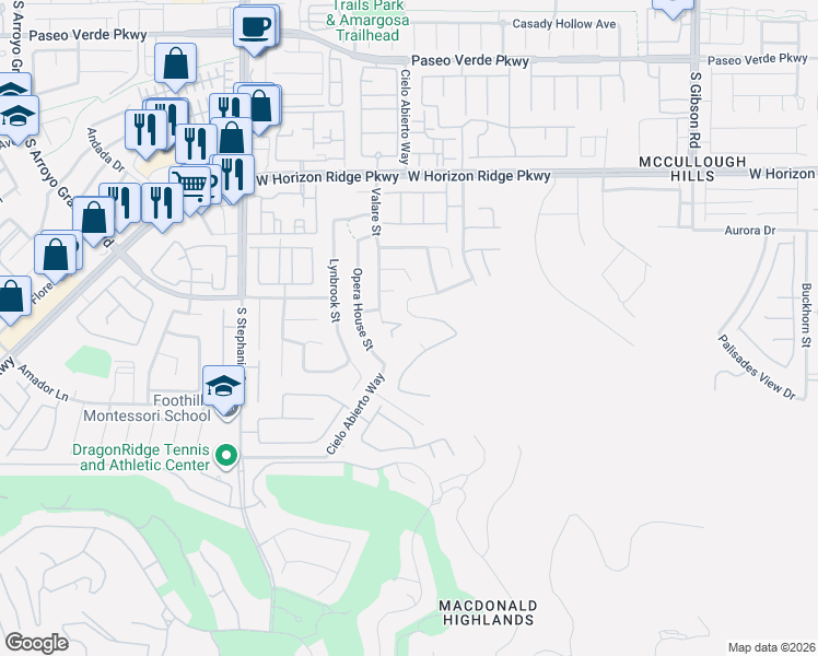 map of restaurants, bars, coffee shops, grocery stores, and more near 345 Unicorn Hills Drive in Henderson