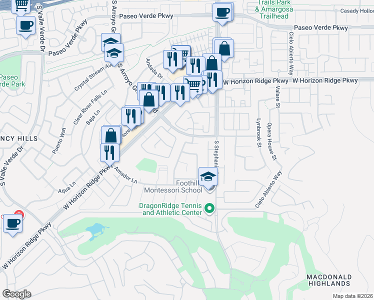 map of restaurants, bars, coffee shops, grocery stores, and more near 1409 Colfax Creek Street in Henderson