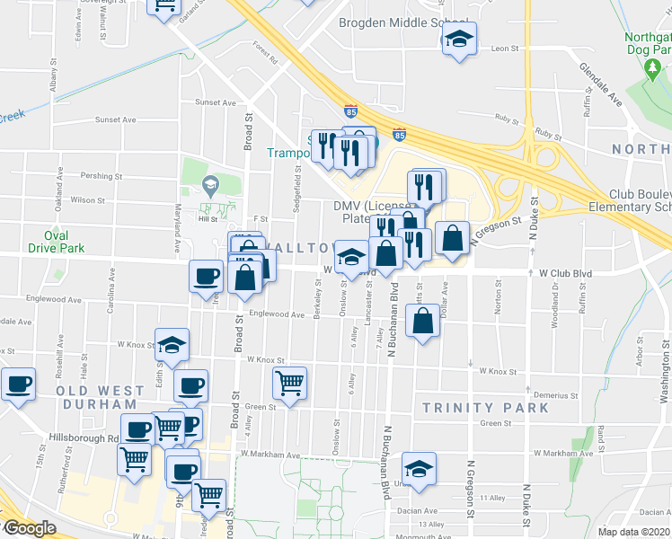 map of restaurants, bars, coffee shops, grocery stores, and more near 1499 West Club Boulevard in Durham