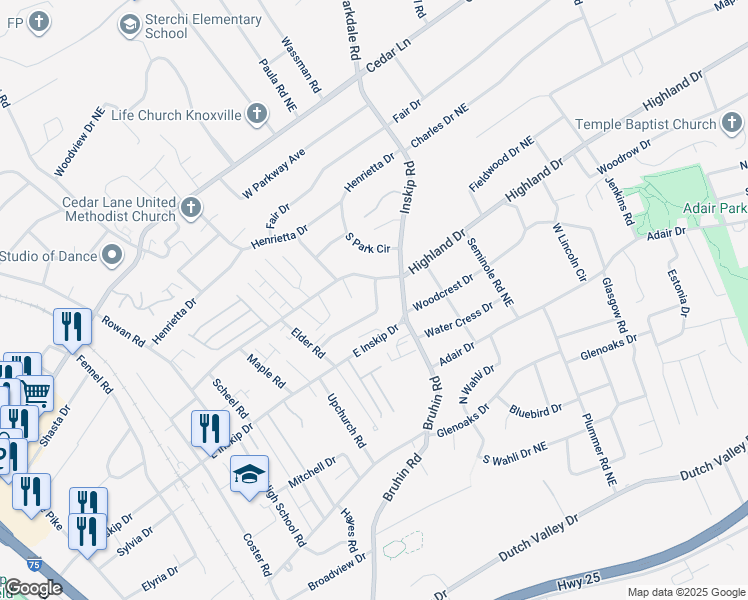 map of restaurants, bars, coffee shops, grocery stores, and more near 917 East Inskip Drive in Knoxville