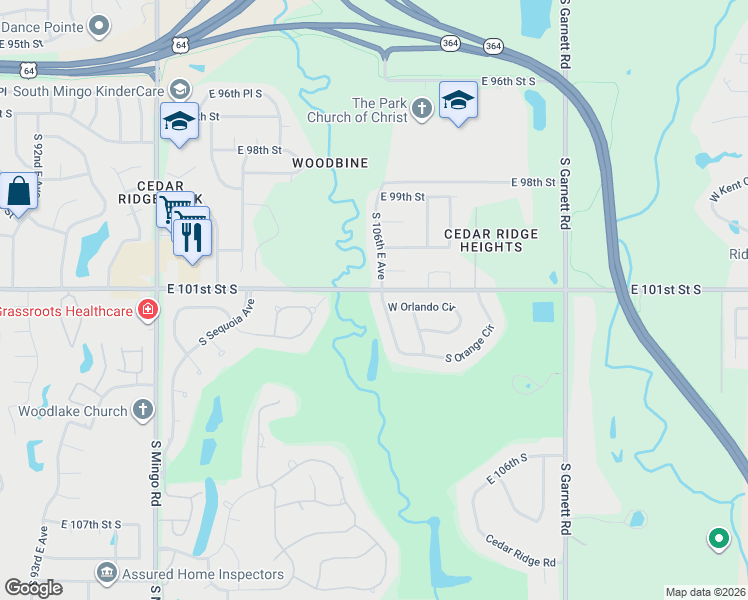map of restaurants, bars, coffee shops, grocery stores, and more near 3611 South Orange Circle in Broken Arrow