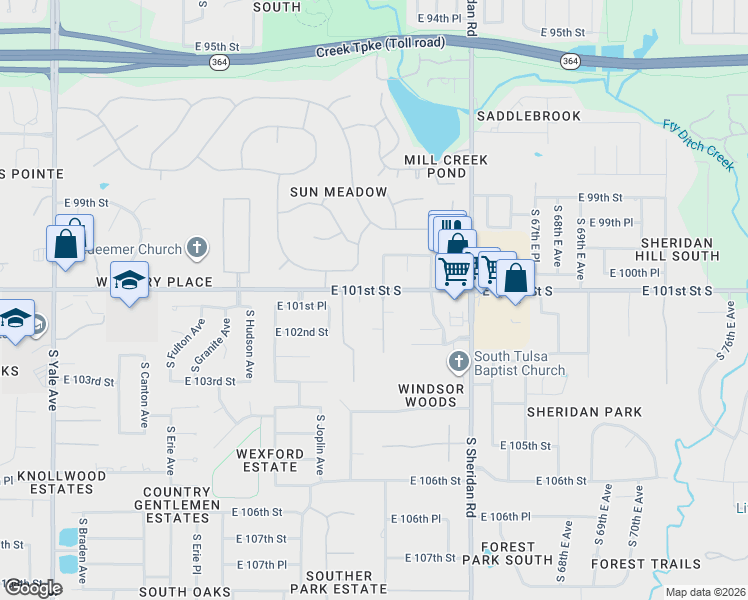 map of restaurants, bars, coffee shops, grocery stores, and more near 10124 South Maplewood Avenue in Tulsa
