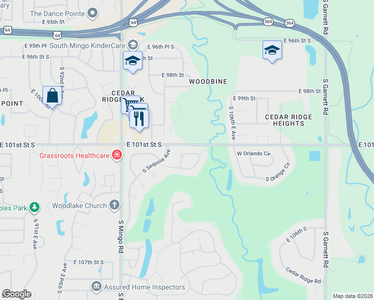 map of restaurants, bars, coffee shops, grocery stores, and more near 5900 West Orlando Circle in Broken Arrow