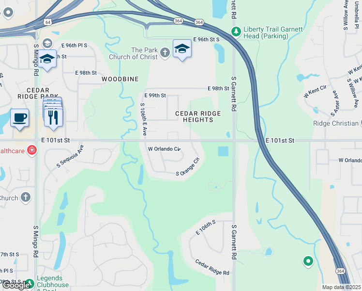 map of restaurants, bars, coffee shops, grocery stores, and more near 5305 West Orlando Circle in Broken Arrow