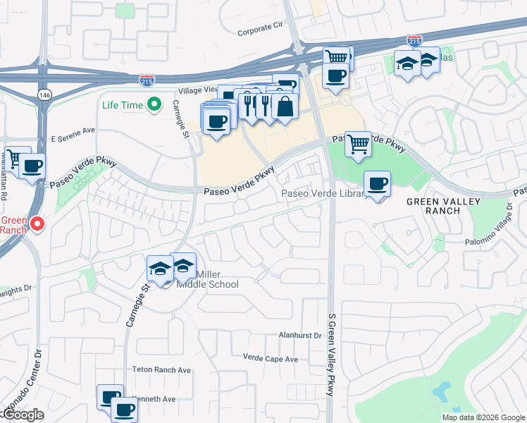 map of restaurants, bars, coffee shops, grocery stores, and more near 2121 Hidden Ranch Terrace in Henderson