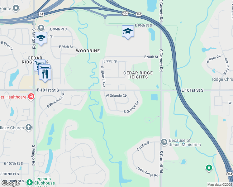 map of restaurants, bars, coffee shops, grocery stores, and more near 5405 South Mimosa Avenue in Broken Arrow