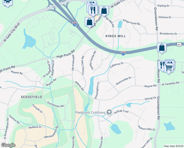 map of restaurants, bars, coffee shops, grocery stores, and more near 3305 Donnington Court in Greensboro