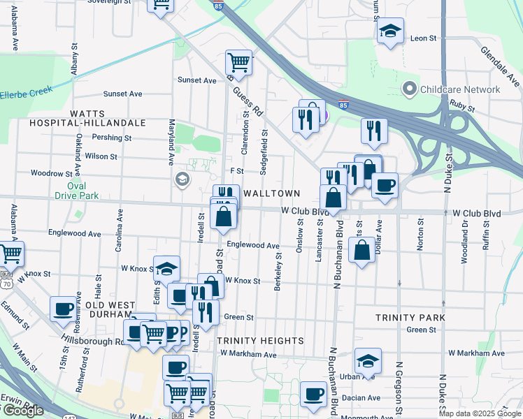 map of restaurants, bars, coffee shops, grocery stores, and more near 1599 West Club Boulevard in Durham